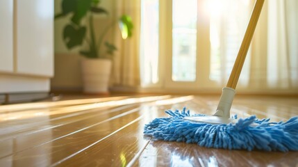 Cleaning a shiny wooden floor with a blue mop in a sunlit room. Home cleaning and maintenance concept