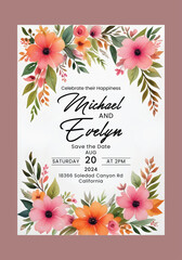 Watercolor wedding invitation card template with arrangement flowers and leaves. Wedding invitation card. Elegant wedding invitation card with beautiful floral and leaves template.