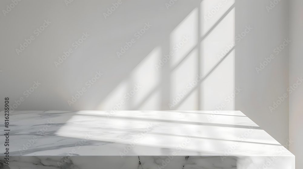 Poster Marble table with window shadow drop on white wall background for mockup product display : Generative AI