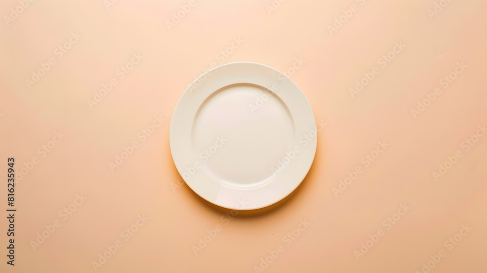 Poster white plate mockup with cream background for the wedding template top view : generative ai