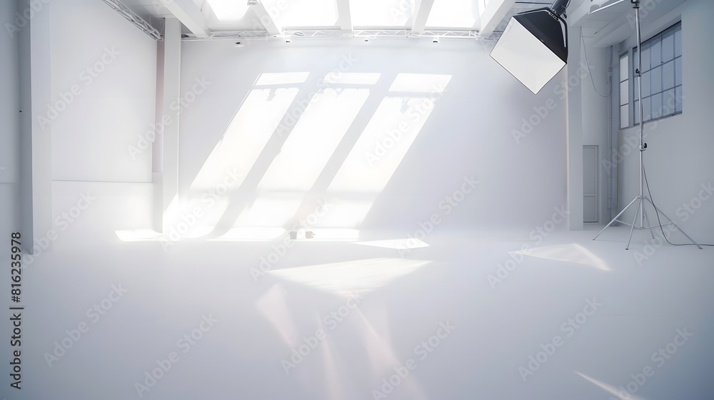 Poster white studio room with sunlight and shadows background empty white room place for design white backg
