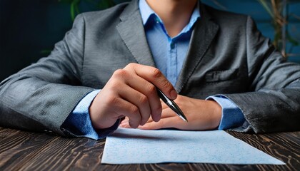Pen in hand over a sheet of paper close-up 
