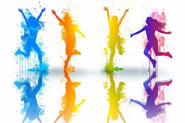 Colorful Silhouettes of People Jumping on a White Background