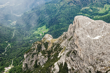 Beautiful Nature Mountain Scenery. Dolomite mountains Italy. Aerial view of the village of san martino di castrozza dolomites trentino. Rough and steep rock. At Gardena Valley in South Tyrol, Italy