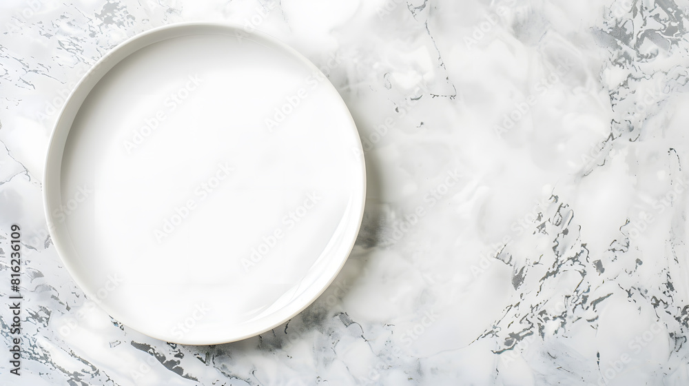 Poster Empty white plate  on white stone table top view copy space : Generative AI