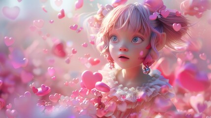 Fototapeta premium Cute 3D cartoon character angel with wings with hearts.