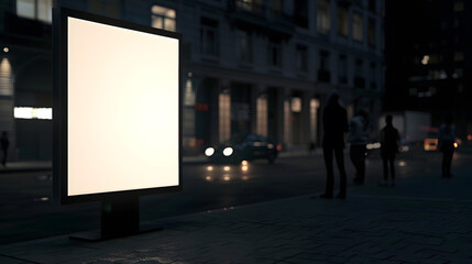 Billboard in a stop White field for advertising glowing at night in the city Vertical Field Mockup with people in the background : Generative AI