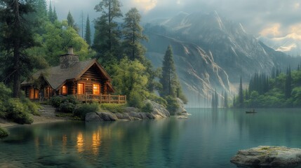 Fototapeta premium A tranquil lakeside cabin surrounded by towering pine trees, its warm glow contrasting with the cool blue hues of the water