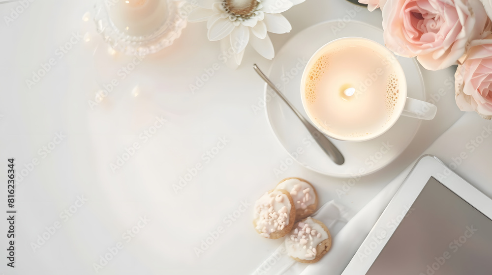 Poster morning cup of coffee on the shabby white desk with digital tablet with empty screen candle and fres