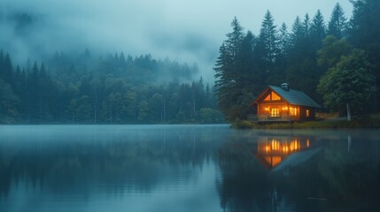 Obraz premium A tranquil lakeside cabin surrounded by towering pine trees, its warm glow contrasting with the cool blue hues of the water