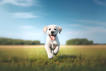 a labrador retriever dog  of a joyful golden retriever running towards the viewer in a grassy field...