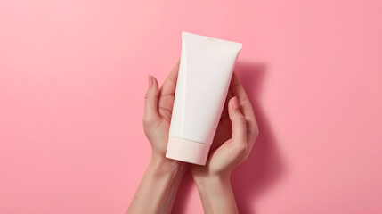 Young female hands holding blank white squeeze bottle plastic tube on pink background Packaging of cream lotion gel facial foam or skincare Cosmetic beauty product branding mockup Copy : Generative AI