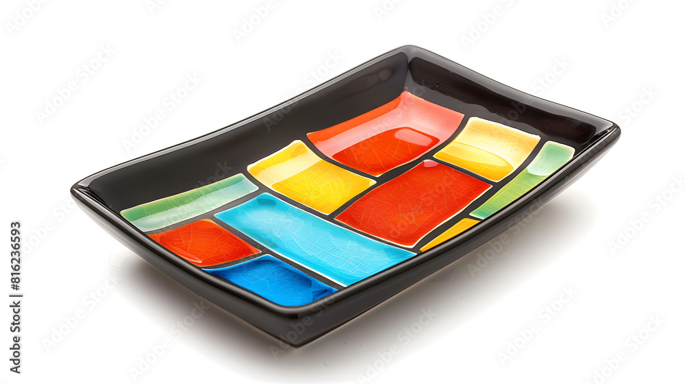 Aufkleber Empty rectangular plate Black ceramics plate with colorful pattern isolated on white background with clipping path Side view : Generative AI