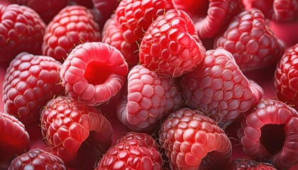  Raspberry fresh berries closeup, ripe fresh organic Raspberries red background, macro shot.
