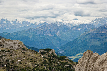 Beautiful Nature Mountain Scenery. Dolomite mountains Italy. Aerial view of the village of san martino di castrozza dolomites trentino. Rough and steep rock. At Gardena Valley in South Tyrol, Italy