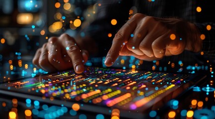 Man in a black shirt holding an iPad with glowing graphs on the screen, pointing at them with his finger.