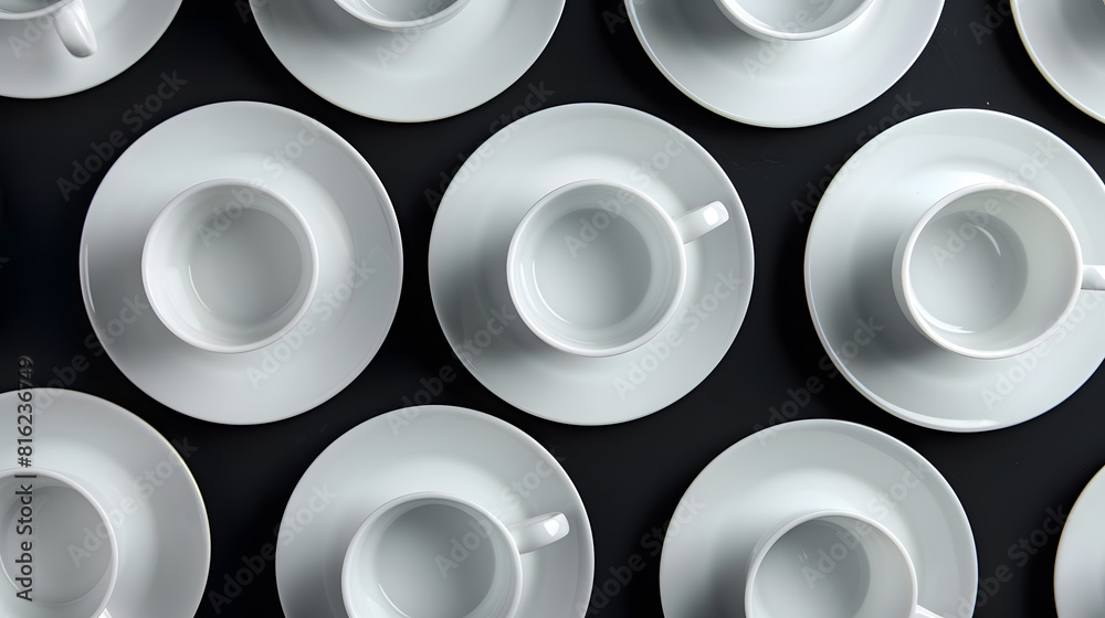 Poster many white empty ceramic plate and cup on black background close up copy space view from above : gen