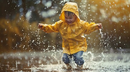 Little child in rain coat playing in rain outdoors
