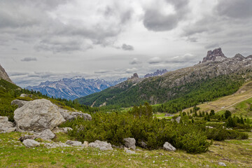 Beautiful Nature Mountain Scenery. Dolomite mountains Italy. Aerial view of the village of san martino di castrozza dolomites trentino. Rough and steep rock. At Gardena Valley in South Tyrol, Italy
