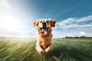  a labrador retriever dog  of a joyful golden retriever running towards the viewer in a grassy...