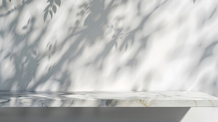 Marble table with tree shadow drop on white wall background for mockup product display : Generative AI