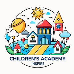 Minimalistic linear logo for children's academy. Doodle illustration. Colourful cartoon sticker. Stock graphic.