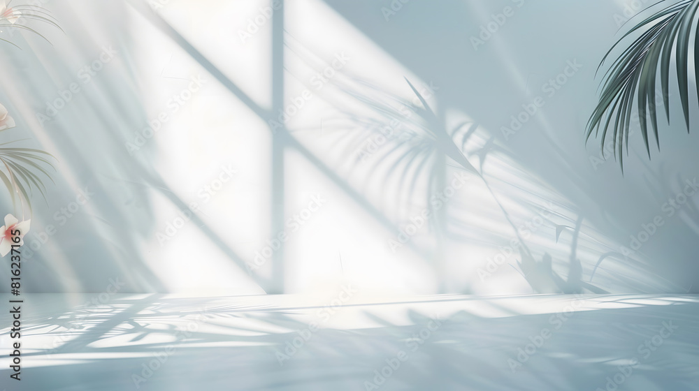 Leinwandbilder Abstract white studio background for product presentation Empty room with shadows of window and flowers and palm leaves  3d room with copy space Summer concert Blurred backdrop : Generative AI