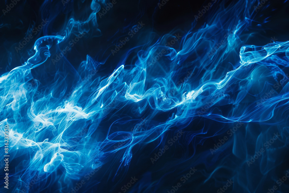 Poster vibrant electric blue energy flowing with abstract waveforms and dynamic patterns on a dark backgrou