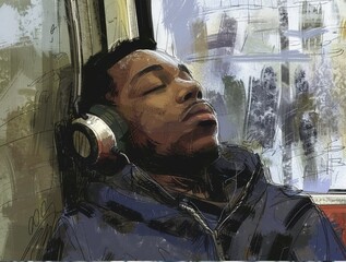 Ultracalistic drawing of a multiracial young man listening to music on headphones on a subway train. The atmosphere is relaxed.