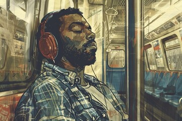 Ultracalistic drawing of a multiracial young man listening to music on headphones on a subway train. The atmosphere is relaxed.