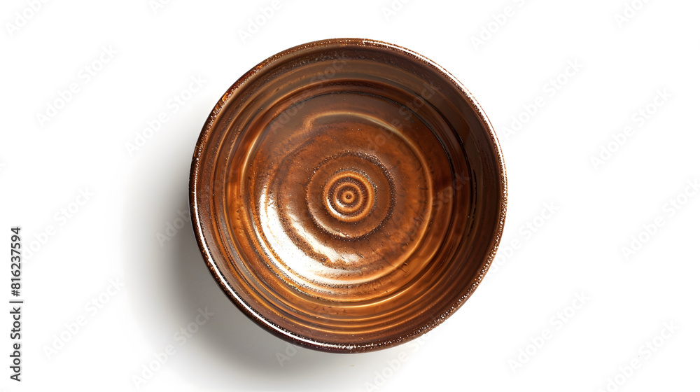 Poster empty plate top isolated on white background round brown rustic dish ceramic plates with wave patter