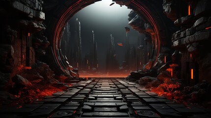 AI-generated image of a tunnel filled with lava. The molten orange river flows majestically through...