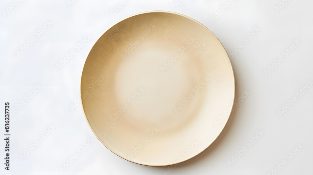 Poster Empty beige plate isolated on white  background Top view flat lay Textured object selective focus : Generative AI