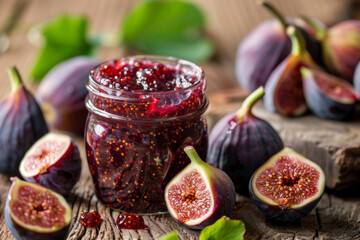 Artisanal fig jam in a clear jar surrounded by fresh figs on rustic wooden table, depicting homemade preserves