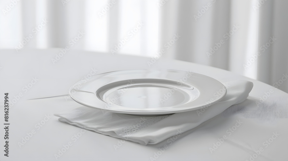 Poster empty plate and napkin on white table indoors : generative ai