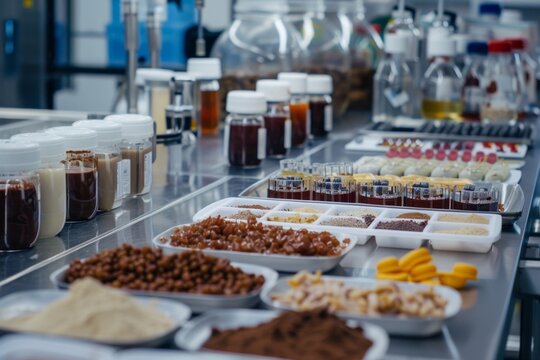 food ingredient display, food samples displayed on lab benches exhibit a wide variety of quality ingredients for testing and evaluation