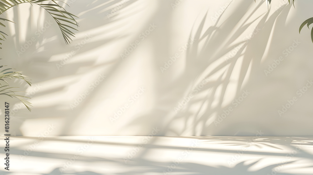 Fototapete Abstract white studio background for product presentation Empty room with shadows of window and flowers and palm leaves  3d room with copy space Summer concert Blurred backdrop : Generative AI