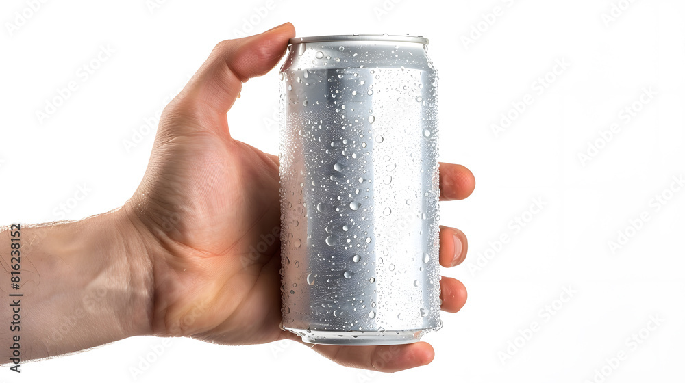 Aufkleber Closeup of hand holding Empty aluminum can with condensation isolated on white Background front view : Generative AI