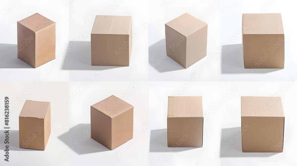 Poster collection of various of a cardboard box on white background each one is shot separately : generativ