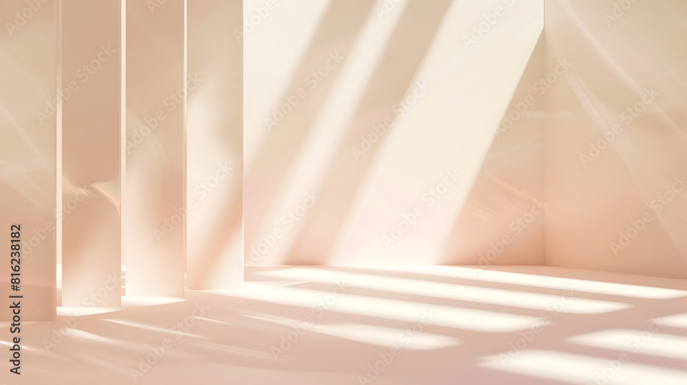 Fototapete Empty Studio 3d exhibition background  pastel creamy beige stage with soft natural abstract diagonal window light and shadows Minimal architectural scene for product mock up Front view : Generative AI