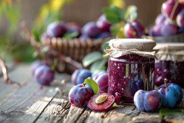 Artisanal plum jam jars among fresh plums on a wooden table with sunlight casting a warm glow