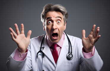 A doctor in a white coat expresses shock with wide eyes and hands up, adding a comical element to clinical aesthetics