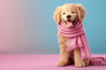 fashionable puppy plushie happy golden retriever dog stuffed toy wearing pink scarf isolated on pastel background cute 3d illustration