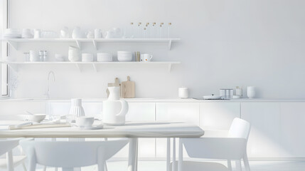 Scandinavian classic white kitchen with wooden details minimalistic interior design Modern furniture with accessories and various utensils table and chairs in dinning room copy space : Generative AI