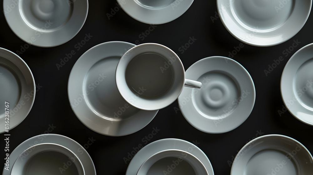 Poster many white empty ceramic plate and cup on black background close up copy space view from above : gen