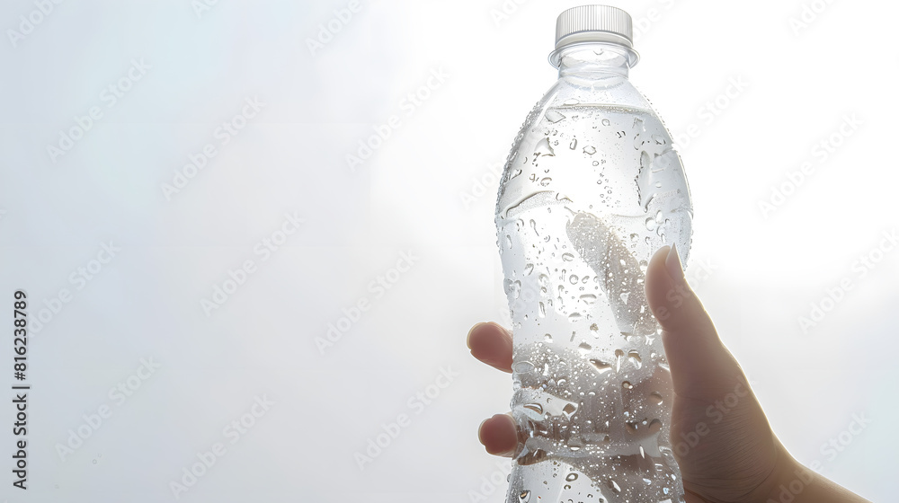 Poster Closeup of hand holding Empty plastic Bottle with condensation isolated on white Background front view : Generative AI