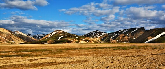 Panoramic view of Landmannalaugar - a location in Iceland's Fjallabak Nature Reserve in the...