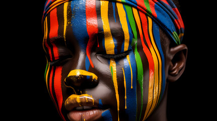 This captivating image of colorful paint dripping down a face hidden by a blur effect emphasizes...