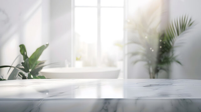 Blurred bathroom background and  Marble counter table top  can be used mock up for montage products display or design layout : Generative AI