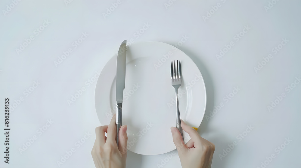 Poster Fork and knife in hands on white background with white empty plate : Generative AI